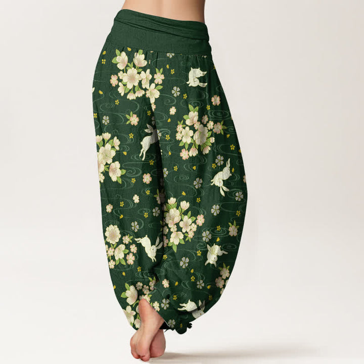 Buddha Stones Pantalones harem de algodón puro con estampado floral de conejo para mujer con cintura elástica. - image 7