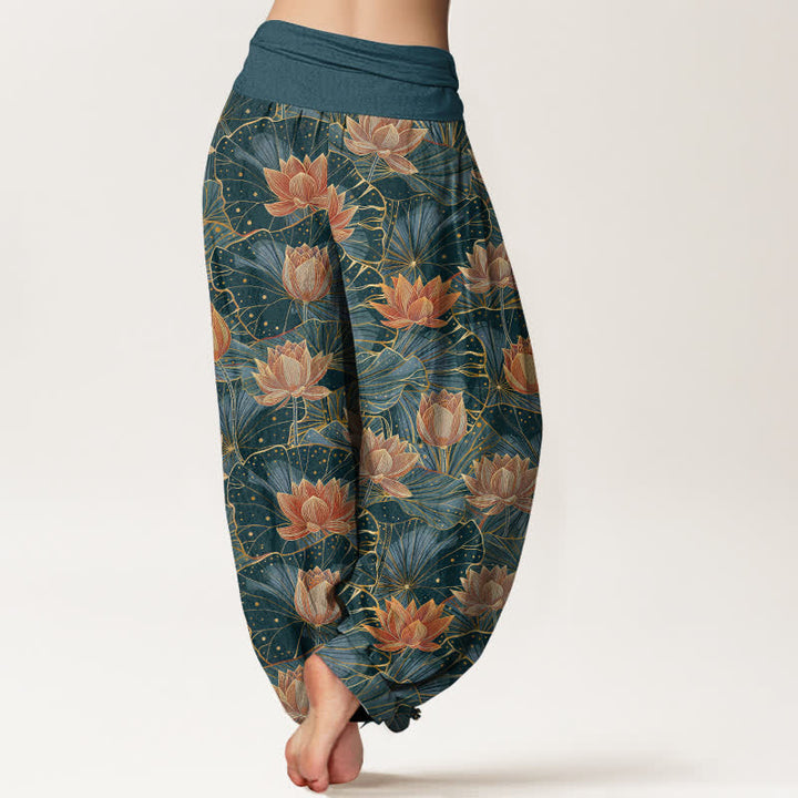 Buddha Stones Pantalones harem de mujer con cintura elástica y estampado de flor de loto, de algodón puro. - image 2