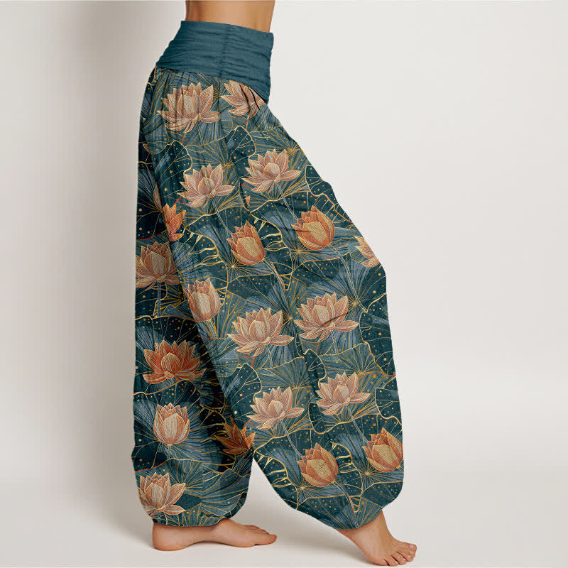Buddha Stones Pantalones harem de mujer con cintura elástica y estampado de flor de loto, de algodón puro. - image 1
