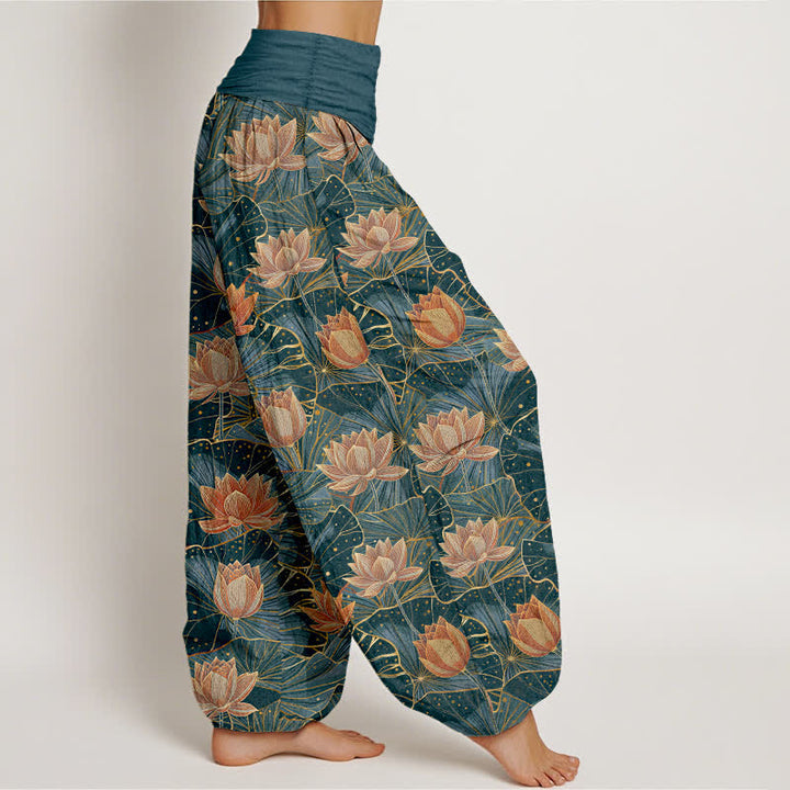 Buddha Stones Pantalones harem de mujer con cintura elástica y estampado de flor de loto, de algodón puro. - image 1