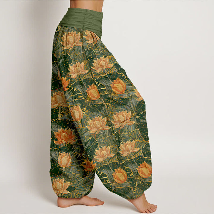 Buddha Stones Pantalones harem de mujer con cintura elástica y estampado de flor de loto, de algodón puro. - image 6