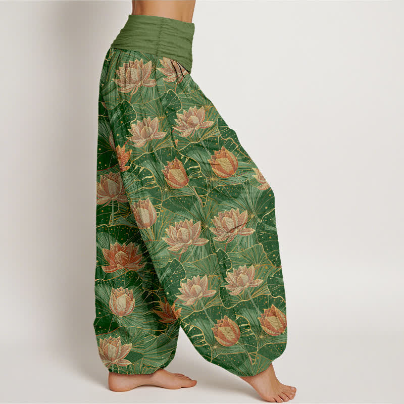 Buddha Stones Pantalones harem de mujer con cintura elástica y estampado de flor de loto, de algodón puro. - image 9