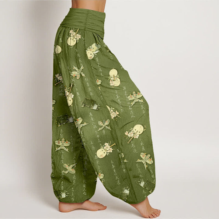 Buddha Stones Pantalones harem de mujer con cintura elástica y estampado de caligrafía de cometa, instrumento musical y algodón puro. - image 1