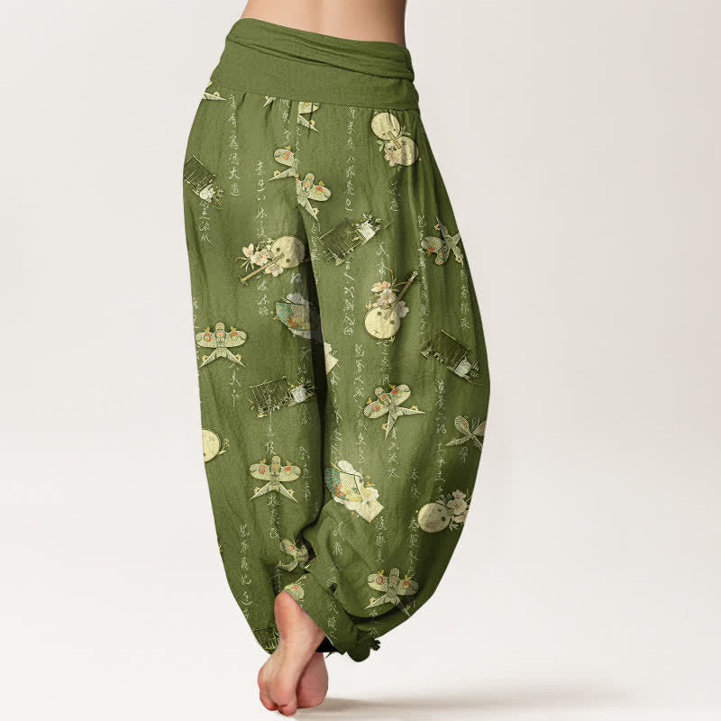 Buddha Stones Pantalones harem de mujer con cintura elástica y estampado de caligrafía de cometa, instrumento musical y algodón puro. - image 2