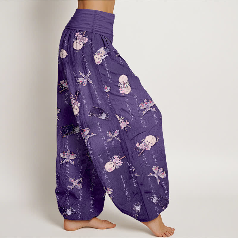 Buddha Stones Pantalones harem de mujer con cintura elástica y estampado de caligrafía de cometa, instrumento musical y algodón puro. - image 6