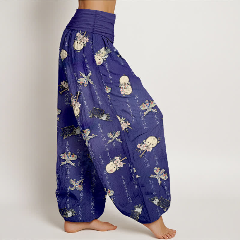 Buddha Stones Pantalones harem de mujer con cintura elástica y estampado de caligrafía de cometa, instrumento musical y algodón puro. - image 9