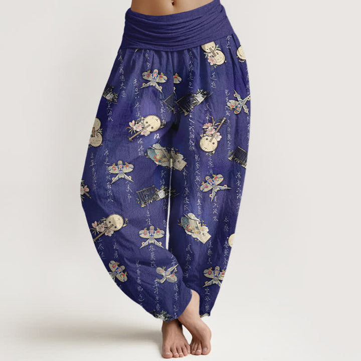 Buddha Stones Pantalones harem de mujer con cintura elástica y estampado de caligrafía de cometa, instrumento musical y algodón puro. - Azul pizarra oscuro - US16，UK/AU20，EU48 (3XL) - image 8