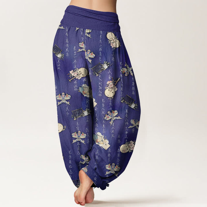 Buddha Stones Pantalones harem de mujer con cintura elástica y estampado de caligrafía de cometa, instrumento musical y algodón puro. - image 10