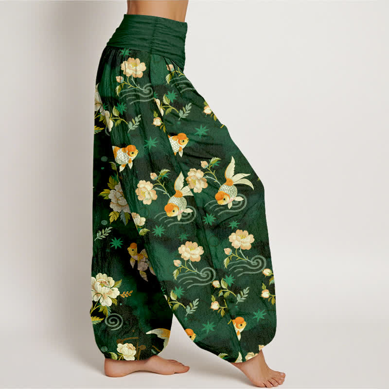Buddha Stones Pantalones harem de algodón puro con estampado floral de peces koi para mujer con cintura elástica. - image 6