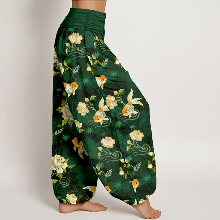 Buddha Stones Pantalones harem de algodón puro con estampado floral de peces koi para mujer con cintura elástica. - image 6