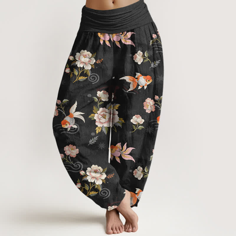 Buddha Stones Pantalones harem de algodón puro con estampado floral de peces koi para mujer con cintura elástica. - Negro - US16，UK/AU20，EU48 (3XL) - image 8