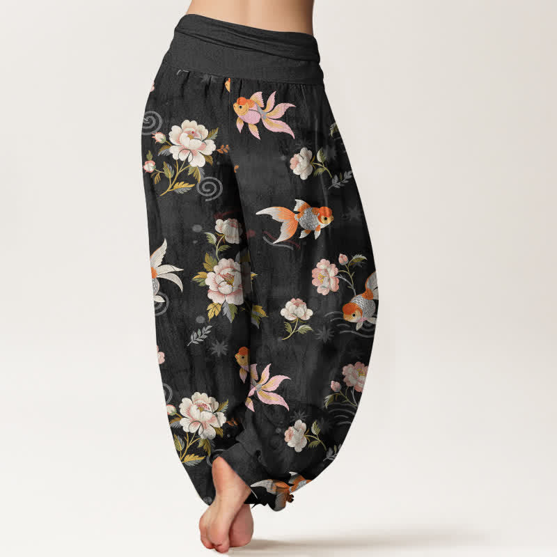 Buddha Stones Pantalones harem de algodón puro con estampado floral de peces koi para mujer con cintura elástica. - image 10