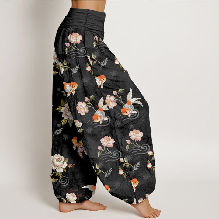Buddha Stones Pantalones harem de algodón puro con estampado floral de peces koi para mujer con cintura elástica. - image 9