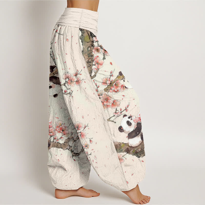 Buddha Stones Pantalones harem de algodón puro con estampado de panda y flores de cerezo para mujer, con cintura elástica. - image 1