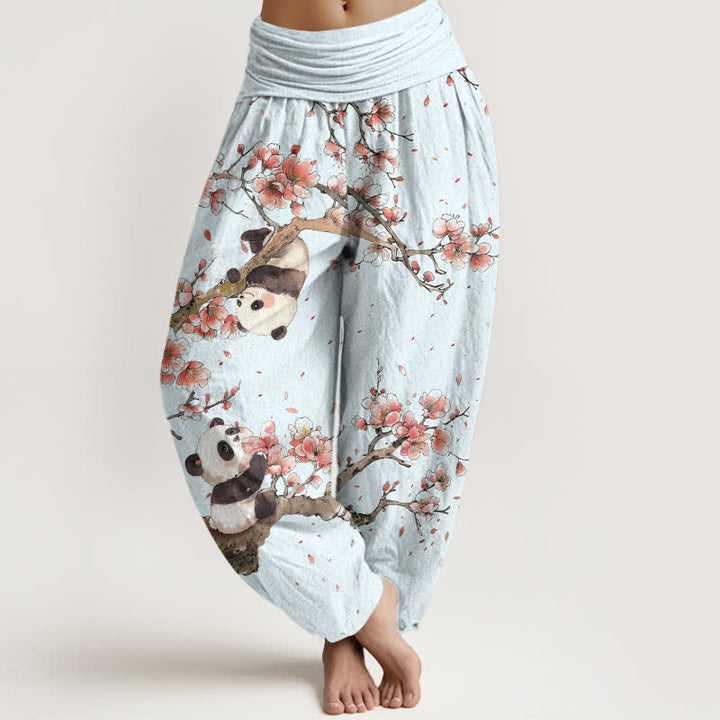 Buddha Stones Pantalones harem de algodón puro con estampado de panda y flores de cerezo para mujer, con cintura elástica. - AliciaAzul - US16，UK/AU20，EU48 (3XL) - image 5