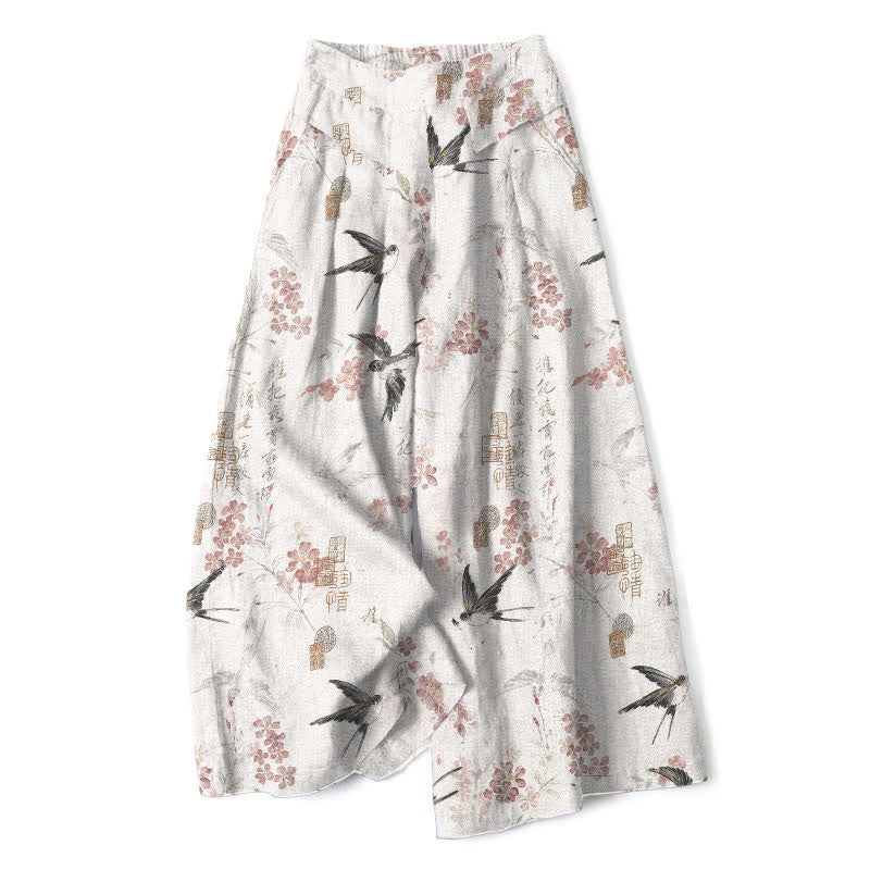 Buddha Stones Pantalones de mujer de algodón y lino con estampado floral de pájaros, cintura elástica y pernera ancha con bolsillos. - Blanco - US16，UK/AU20，EU48 (3XL) - image 0