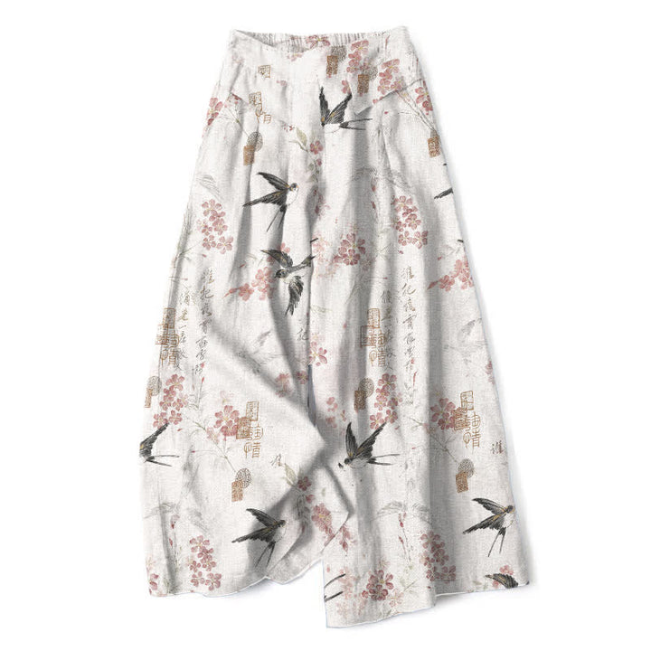 Buddha Stones Pantalones de mujer de algodón y lino con estampado floral de pájaros, cintura elástica y pernera ancha con bolsillos. - Blanco - US16，UK/AU20，EU48 (3XL) - image 0