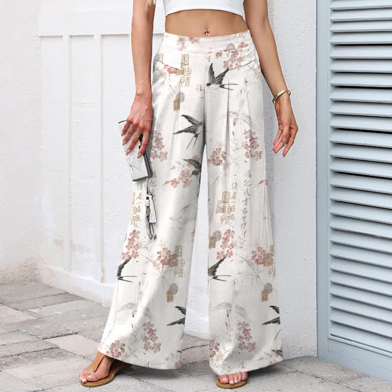 Buddha Stones Pantalones de mujer de algodón y lino con estampado floral de pájaros, cintura elástica y pernera ancha con bolsillos. - image 1