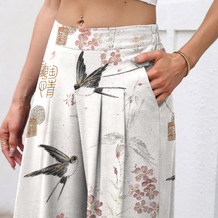 Buddha Stones Pantalones de mujer de algodón y lino con estampado floral de pájaros, cintura elástica y pernera ancha con bolsillos. - image 2