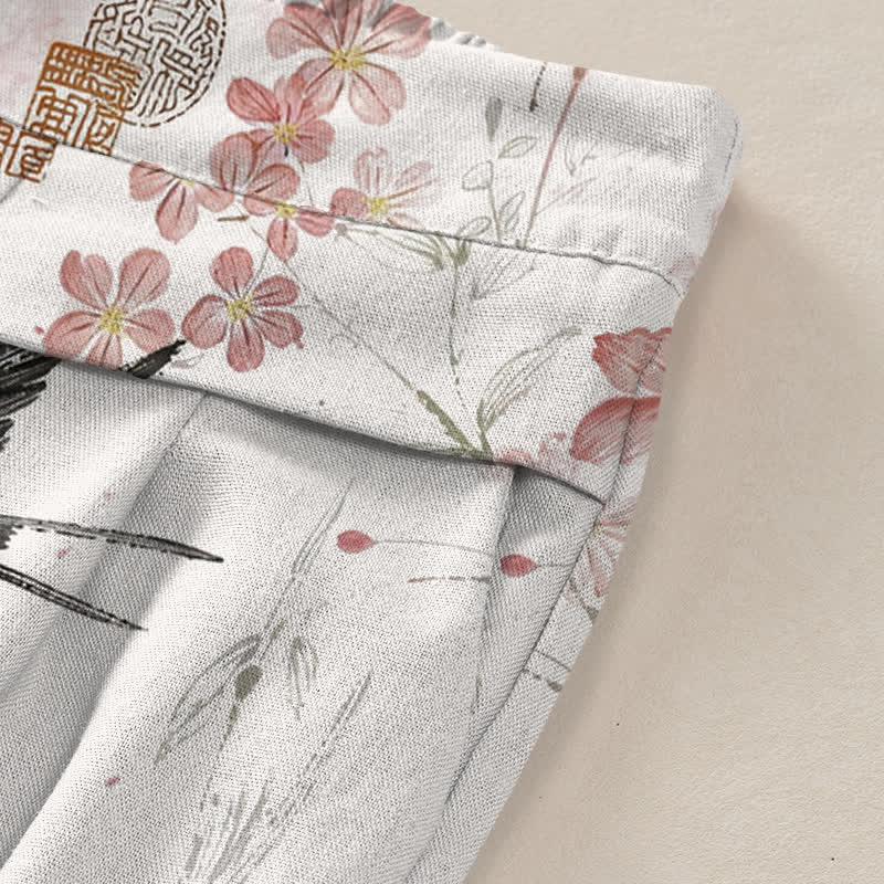 Buddha Stones Pantalones de mujer de algodón y lino con estampado floral de pájaros, cintura elástica y pernera ancha con bolsillos. - image 3