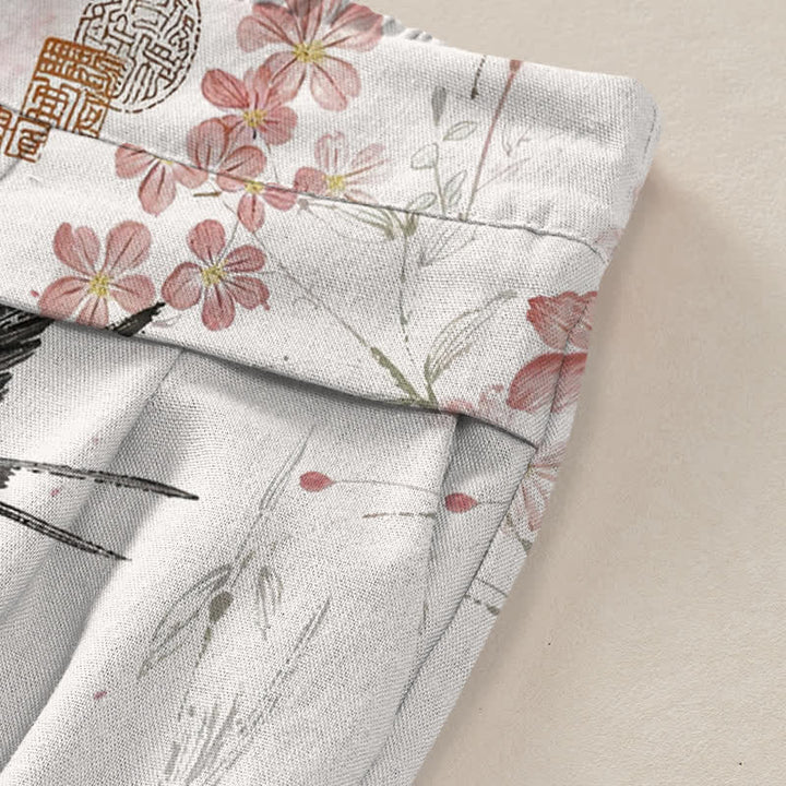 Buddha Stones Pantalones de mujer de algodón y lino con estampado floral de pájaros, cintura elástica y pernera ancha con bolsillos. - image 3