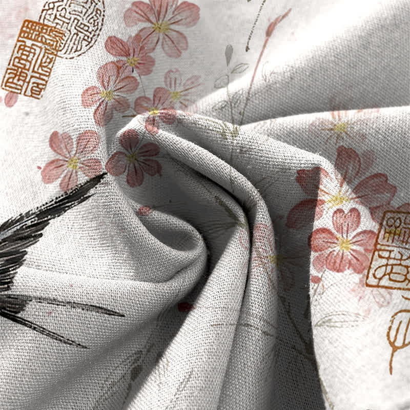 Buddha Stones Pantalones de mujer de algodón y lino con estampado floral de pájaros, cintura elástica y pernera ancha con bolsillos. - image 4