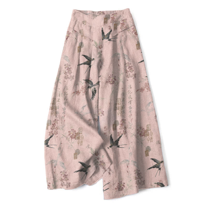 Buddha Stones Pantalones de mujer de algodón y lino con estampado floral de pájaros, cintura elástica y pernera ancha con bolsillos. - rosa claro - US16，UK/AU20，EU48 (3XL) - image 5