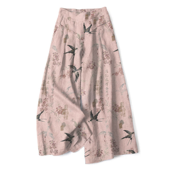 Buddha Stones Pantalones de mujer de algodón y lino con estampado floral de pájaros, cintura elástica y pernera ancha con bolsillos. - rosa claro - US16，UK/AU20，EU48 (3XL) - image 5