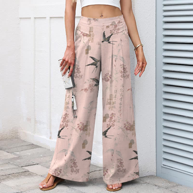 Buddha Stones Pantalones de mujer de algodón y lino con estampado floral de pájaros, cintura elástica y pernera ancha con bolsillos. - image 6
