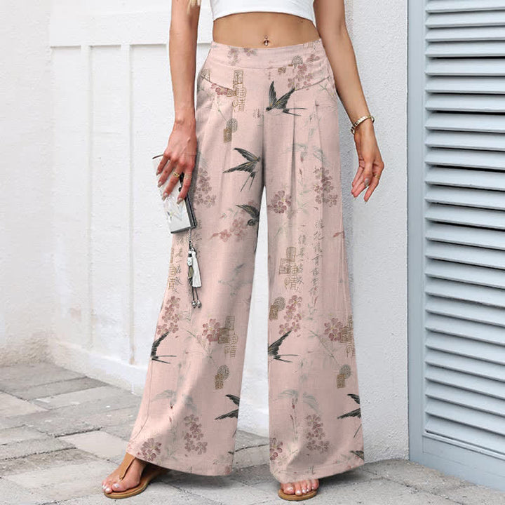 Buddha Stones Pantalones de mujer de algodón y lino con estampado floral de pájaros, cintura elástica y pernera ancha con bolsillos. - image 6