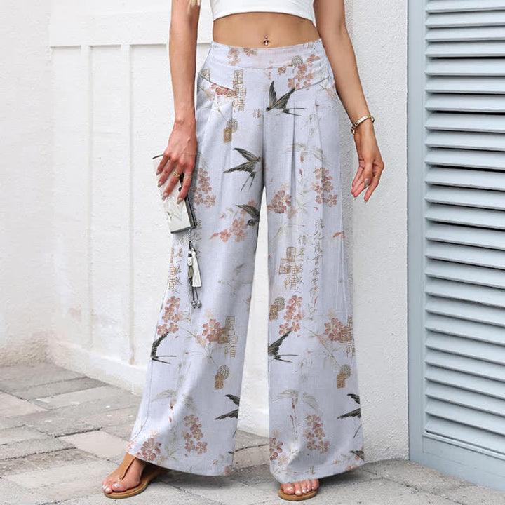 Buddha Stones Pantalones de mujer de algodón y lino con estampado floral de pájaros, cintura elástica y pernera ancha con bolsillos. - image 8
