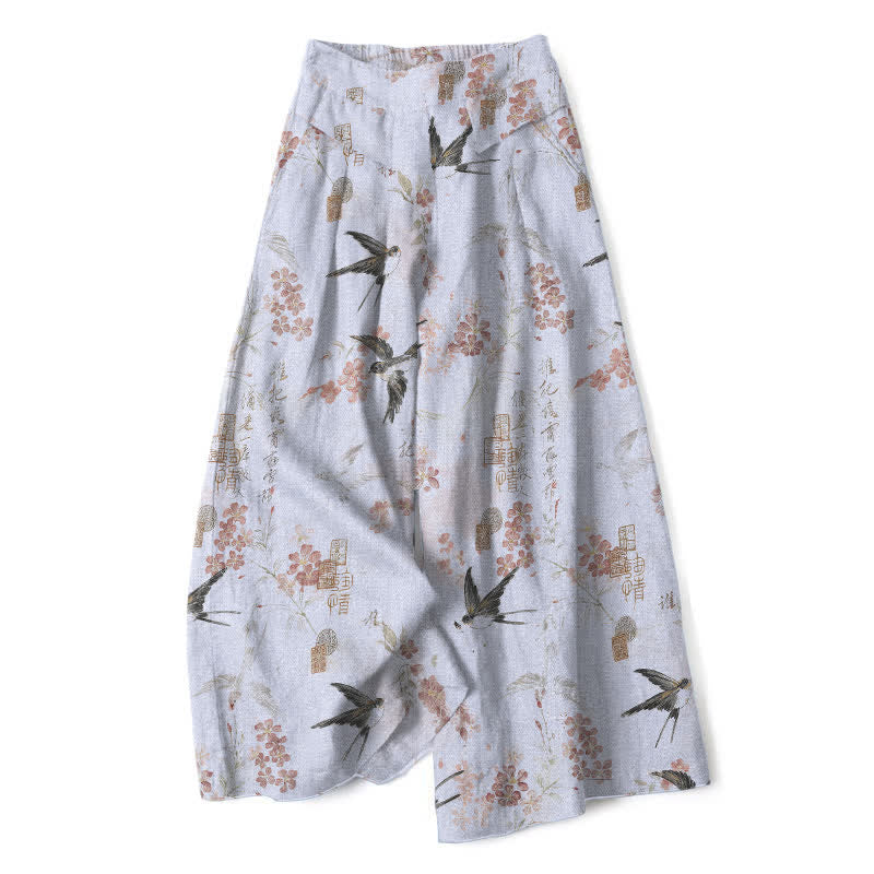 Buddha Stones Pantalones de mujer de algodón y lino con estampado floral de pájaros, cintura elástica y pernera ancha con bolsillos. - Azul acero claro - US16，UK/AU20，EU48 (3XL) - image 7