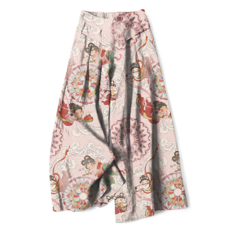 Buddha Stones Pantalones de mujer de algodón y lino con estampado floral de hadas, cintura elástica y pernera ancha con bolsillos. - Rubor lavanda - US16，UK/AU20，EU48 (3XL) - image 0