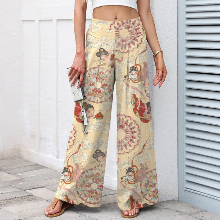 Buddha Stones Pantalones de mujer de algodón y lino con estampado floral de hadas, cintura elástica y pernera ancha con bolsillos. - image 6