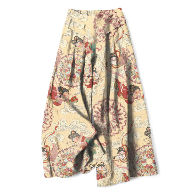 Buddha Stones Pantalones de mujer de algodón y lino con estampado floral de hadas, cintura elástica y pernera ancha con bolsillos. - vara de oro pálida - US16，UK/AU20，EU48 (3XL) - image 5