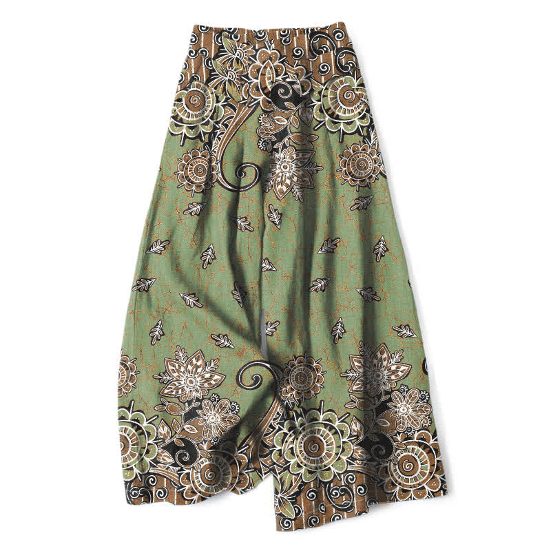 Buddha Stones Pantalones de mujer de algodón y lino con estampado bohemio de mandala, cintura elástica y pernera ancha con bolsillos. - Verde oliva - US16，UK/AU20，EU48 (3XL) - image 0