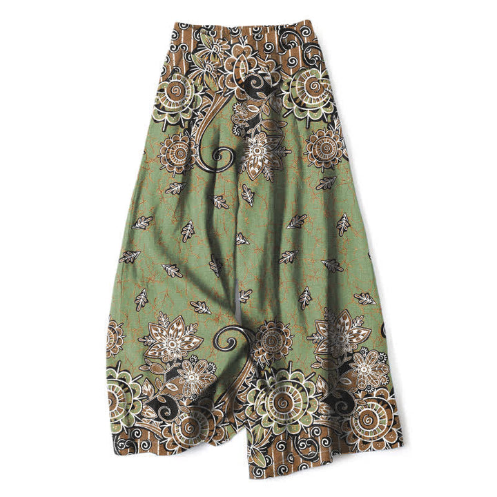 Buddha Stones Pantalones de mujer de algodón y lino con estampado bohemio de mandala, cintura elástica y pernera ancha con bolsillos. - Verde oliva - US16，UK/AU20，EU48 (3XL) - image 0