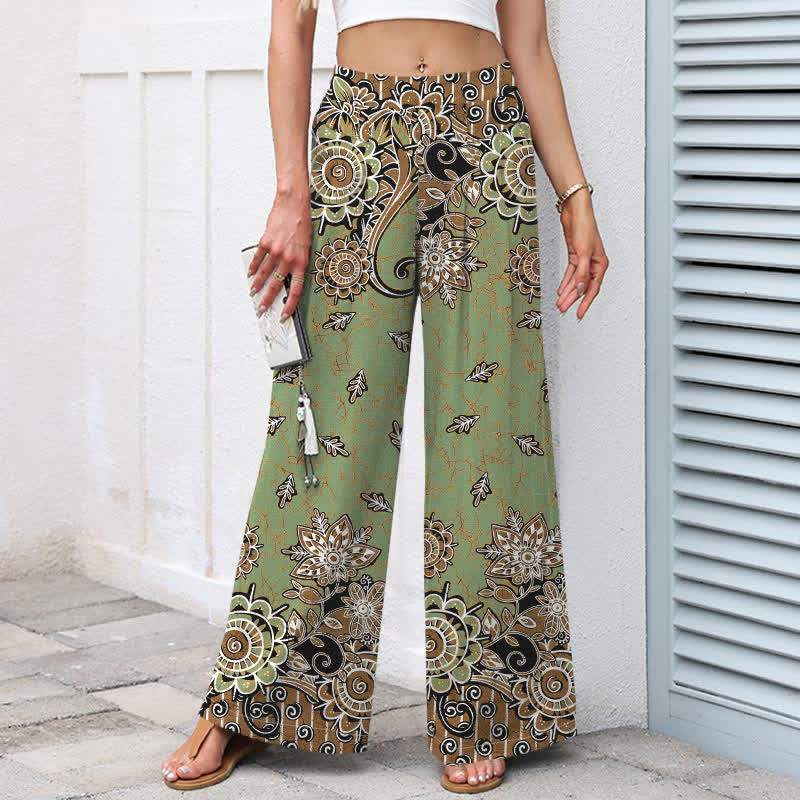Buddha Stones Pantalones de mujer de algodón y lino con estampado bohemio de mandala, cintura elástica y pernera ancha con bolsillos. - image 1