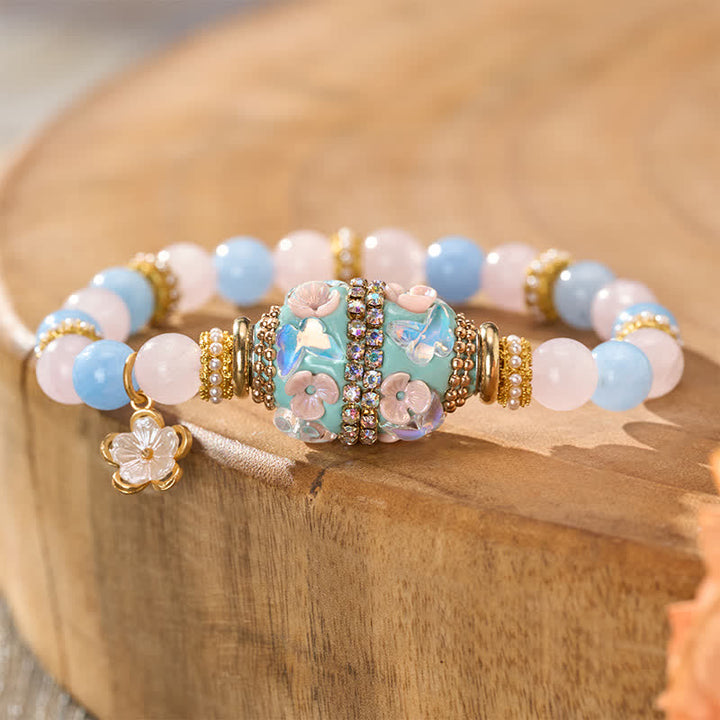 Buddha Stones Colgante de flor de cuentas redondas de cobre con calcedonia azul y cuarzo rosa, pulsera - image 3