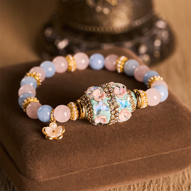 Buddha Stones Colgante de flor de cuentas redondas de cobre con calcedonia azul y cuarzo rosa, pulsera - Calcedonia azul cuarzo rosa (circunferencia de la muñeca: 15–16 cm) - image 0