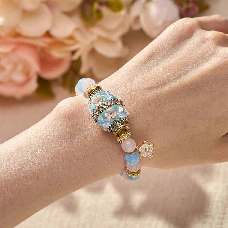 Buddha Stones Colgante de flor de cuentas redondas de cobre con calcedonia azul y cuarzo rosa, pulsera - image 4