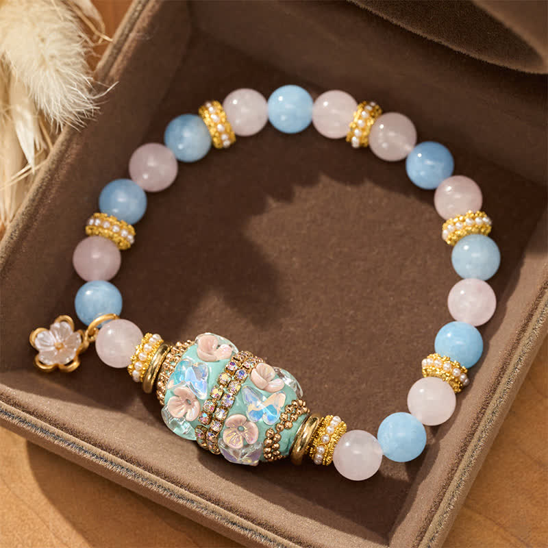 Buddha Stones Colgante de flor de cuentas redondas de cobre con calcedonia azul y cuarzo rosa, pulsera - image 2