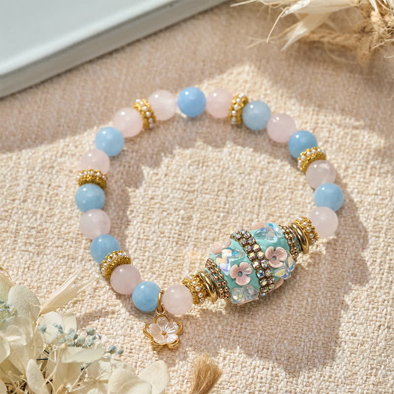Buddha Stones Colgante de flor de cuentas redondas de cobre con calcedonia azul y cuarzo rosa, pulsera - image 1