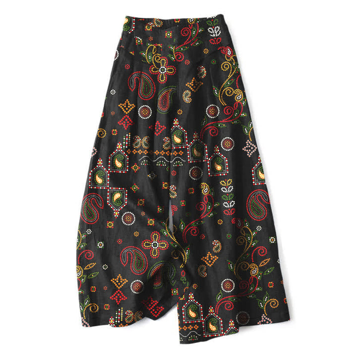 Buddha Stones Pantalones de mujer de algodón y lino con estampado floral de inspiración folclórica, cintura elástica, pernera ancha y bolsillos. - Negro - US16，UK/AU20，EU48 (3XL) - image 0