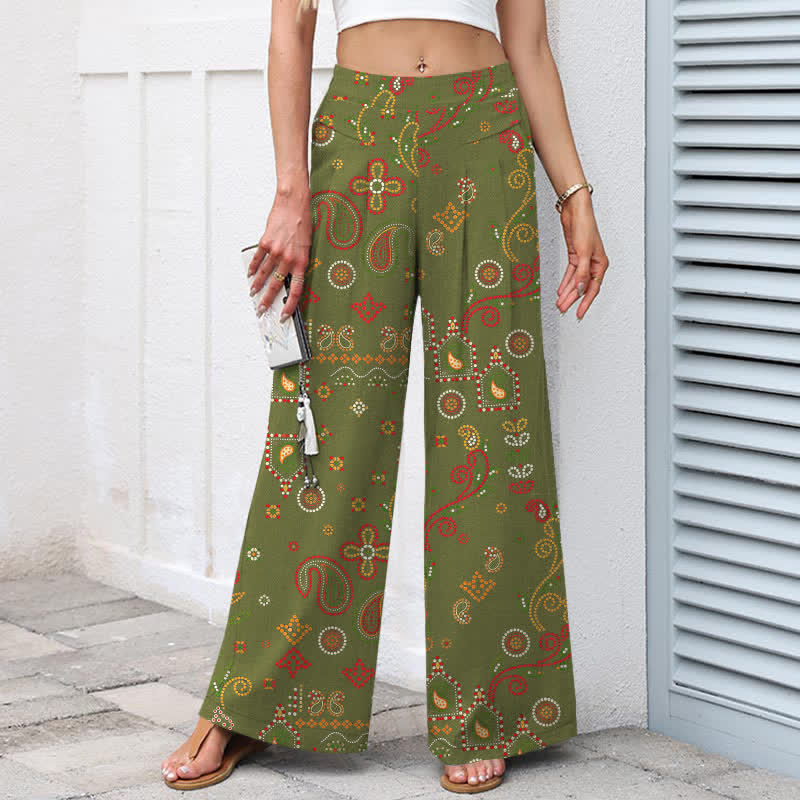 Buddha Stones Pantalones de mujer de algodón y lino con estampado floral de inspiración folclórica, cintura elástica, pernera ancha y bolsillos. - image 6