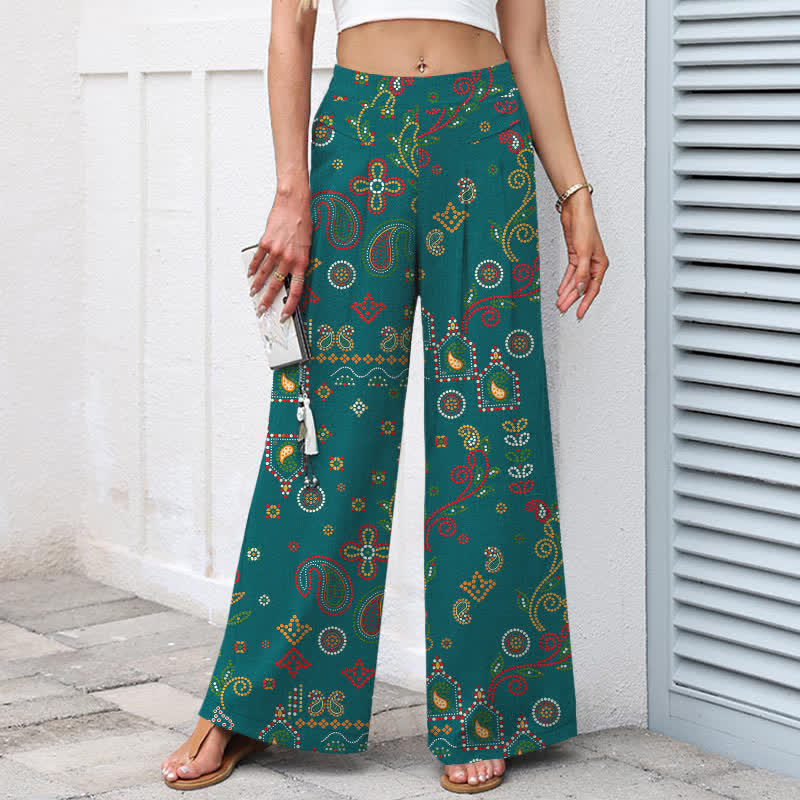 Buddha Stones Pantalones de mujer de algodón y lino con estampado floral de inspiración folclórica, cintura elástica, pernera ancha y bolsillos. - image 8
