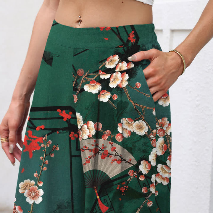 Buddha Stones Pantalones de mujer de algodón y lino con estampado floral oriental en forma de abanico, cintura elástica y pernera ancha con bolsillos. - image 2