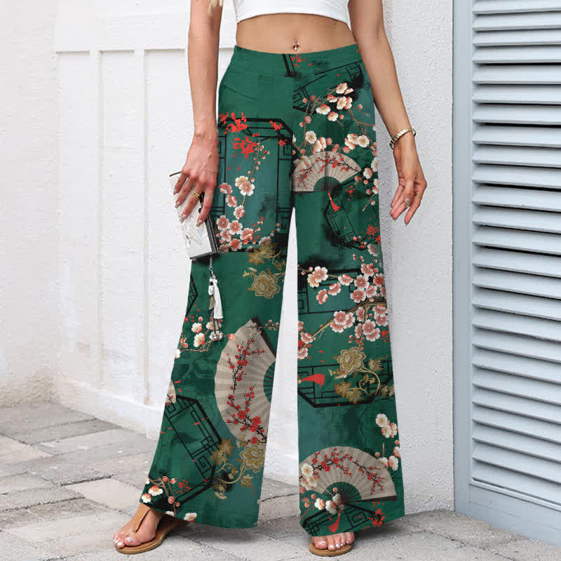 Buddha Stones Pantalones de mujer de algodón y lino con estampado floral oriental en forma de abanico, cintura elástica y pernera ancha con bolsillos. - image 1