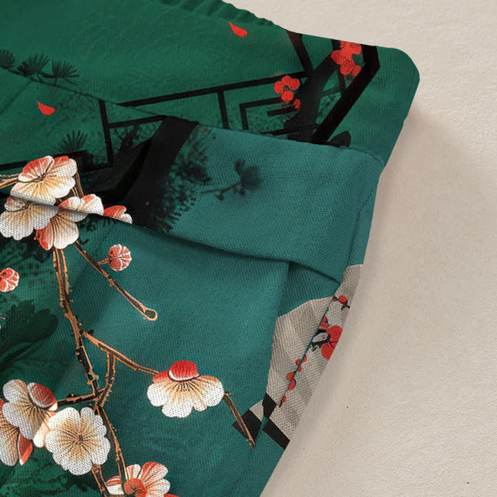 Buddha Stones Pantalones de mujer de algodón y lino con estampado floral oriental en forma de abanico, cintura elástica y pernera ancha con bolsillos. - image 3