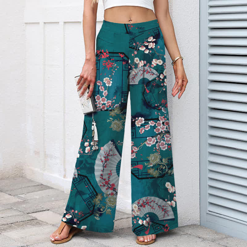 Buddha Stones Pantalones de mujer de algodón y lino con estampado floral oriental en forma de abanico, cintura elástica y pernera ancha con bolsillos. - image 6